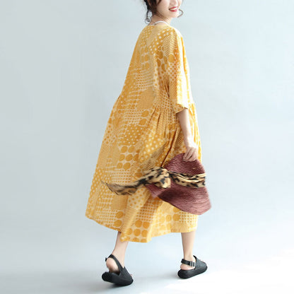 2025 yellow casual cotton dresses print  plus size sundress bracelet sleeved maxi dress