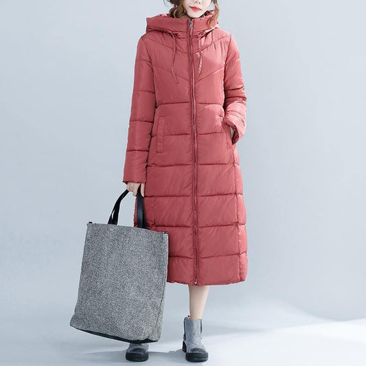 2019 Casual red Winter Fashion plus size hooded cotton jacket women pockets zippered trench cotton coats - SooLinen