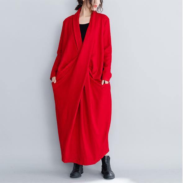 2019 Fashion Vintage Loose Red And Black Wool Maxi Dresses For Women - SooLinen