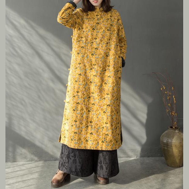 2025 New yellow floral spring dresses Chinese element Women Thicken Long Dresses