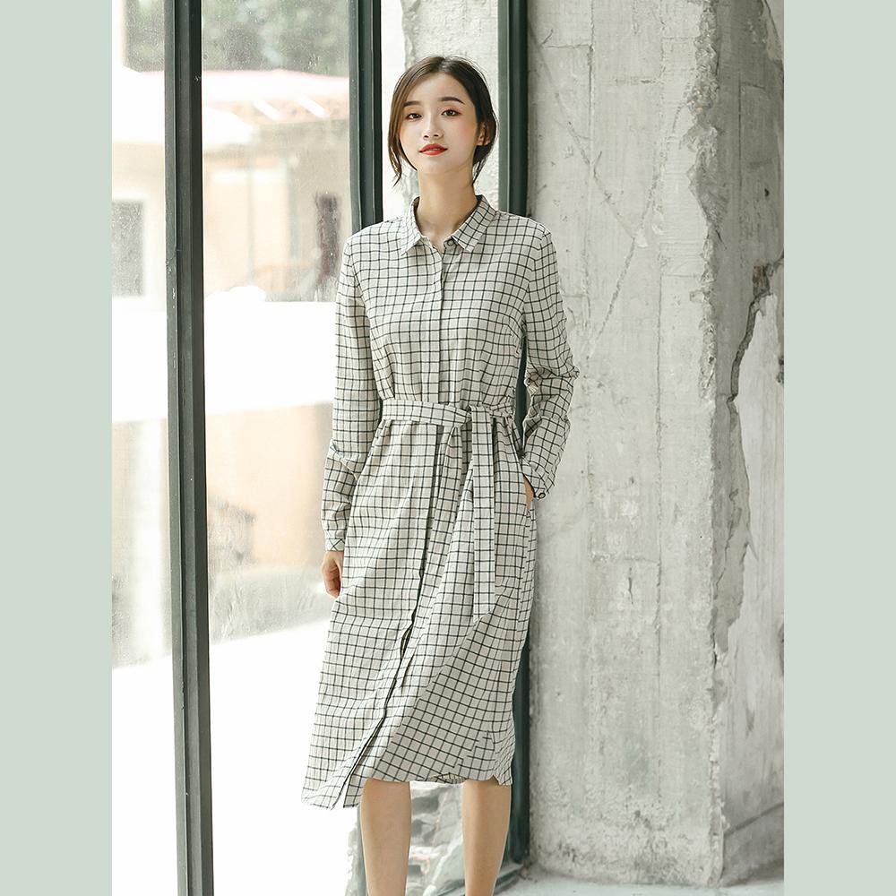 2018 Plaid fall casual linen dress baggy turn-down Collar linen dress - SooLinen