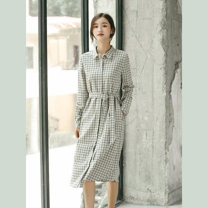2018 Plaid fall casual linen dress baggy turn-down Collar linen dress - SooLinen