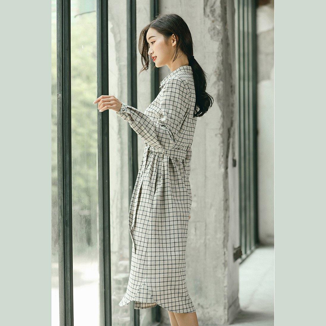 2018 Plaid fall casual linen dress baggy turn-down Collar linen dress - SooLinen
