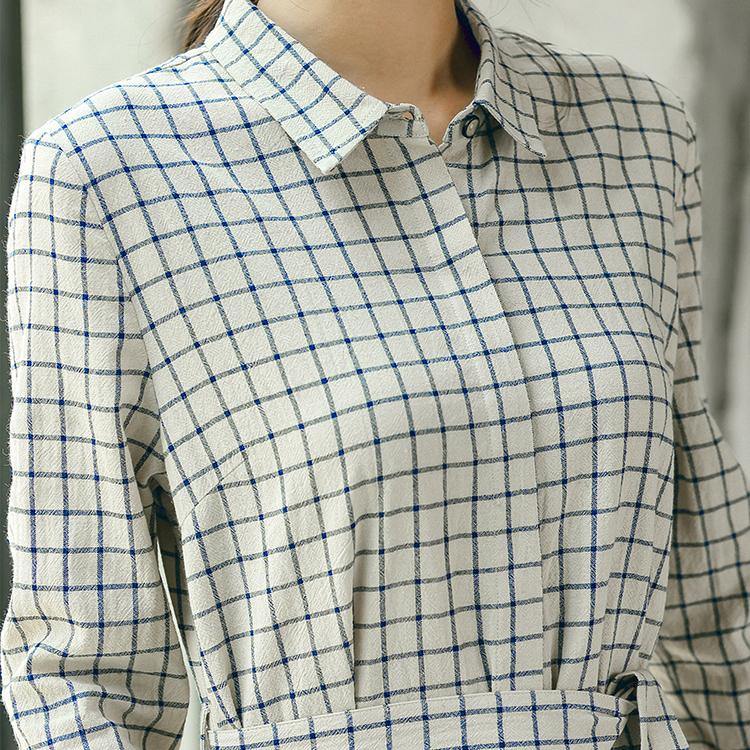 2018 Plaid fall casual linen dress baggy turn-down Collar linen dress - SooLinen