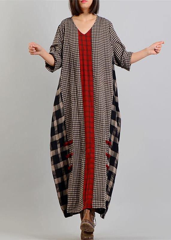 2019 black Plaid autumn Loose fitting v neck patchwork traveling clothing vintage Chinese Button dresses - SooLinen