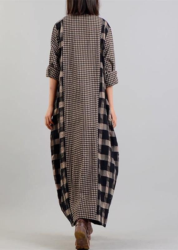 2019 black Plaid autumn Loose fitting v neck patchwork traveling clothing vintage Chinese Button dresses - SooLinen