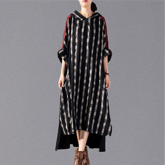 2019 black Plaid long plus size Hooded cotton linen clothing dress New patchwork autumn dress - SooLinen