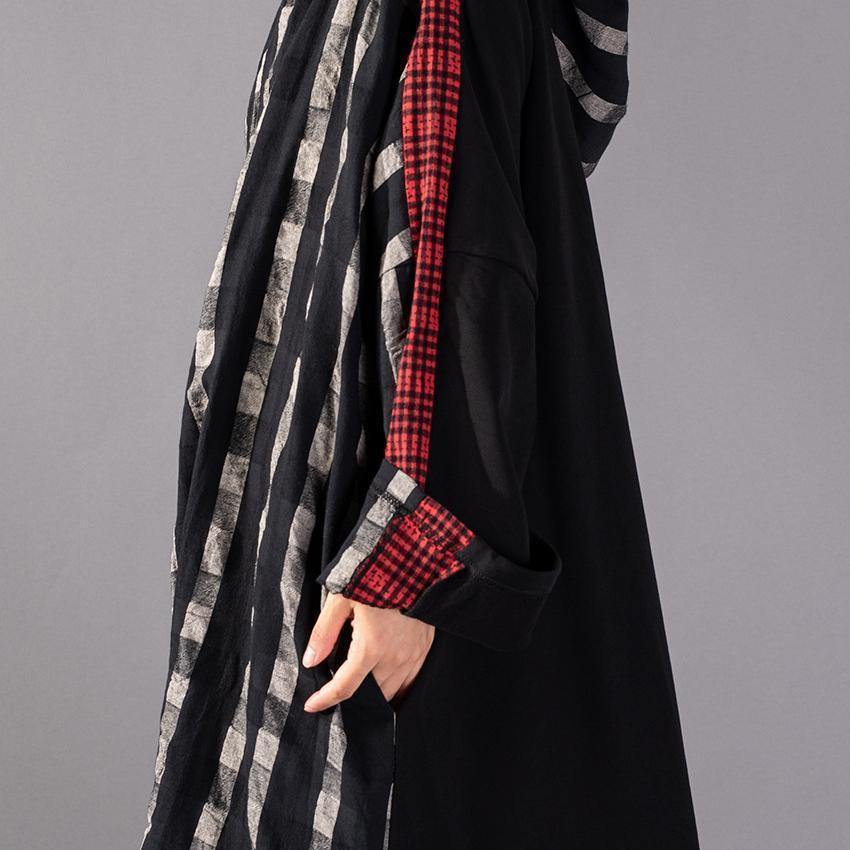 2019 black Plaid long plus size Hooded cotton linen clothing dress New patchwork autumn dress - SooLinen