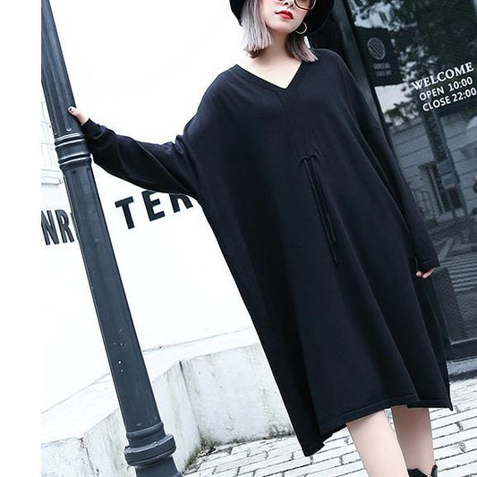 2019 black natural plus size baggy dresses vintage V neck drawstring natural cotton blended dress - SooLinen