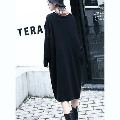 2019 black natural plus size baggy dresses vintage V neck drawstring natural cotton blended dress - SooLinen