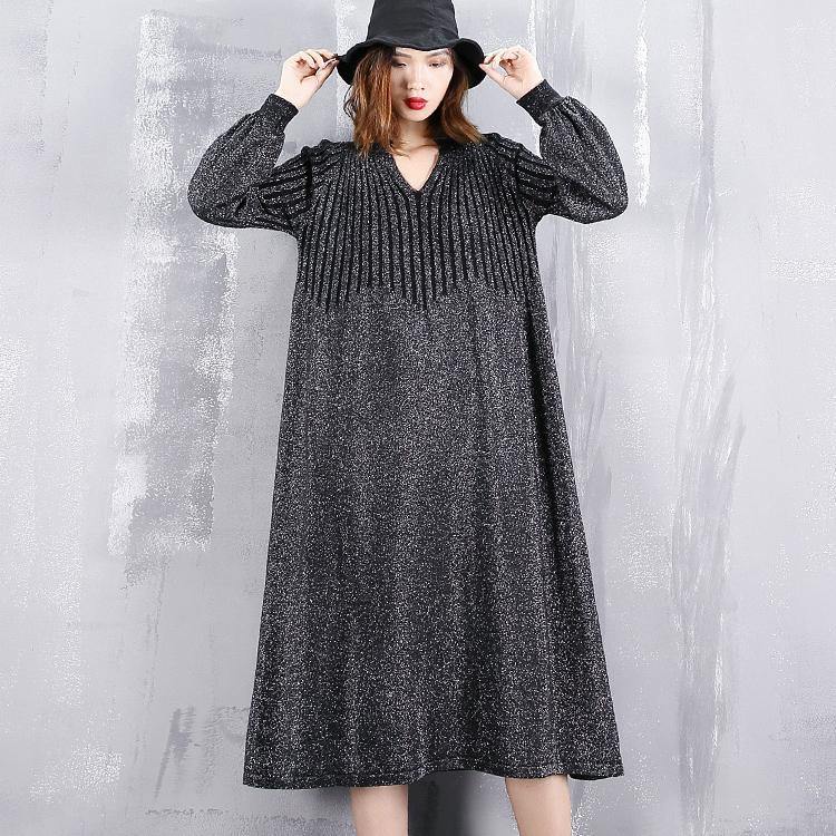 2019 black sweater dress plus size v neck sweater vintage baggy Cinched winter dress - SooLinen