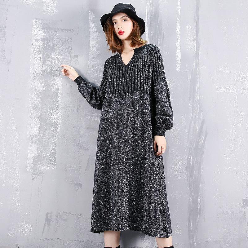 2019 black sweater dress plus size v neck sweater vintage baggy Cinched winter dress - SooLinen