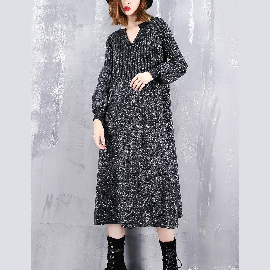 2019 black sweater dress plus size v neck sweater vintage baggy Cinched winter dress - SooLinen