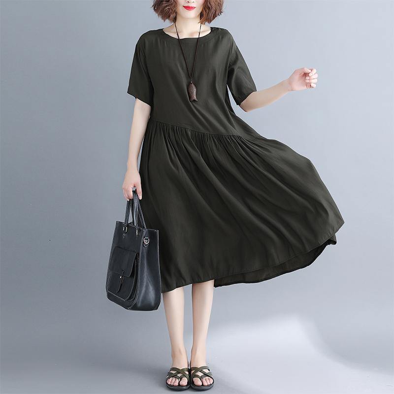 2019 blackish green pure cotton blended dresses oversize maxi dress Elegant short sleeve baggy dresses o neck patchwork cotton dress - SooLinen