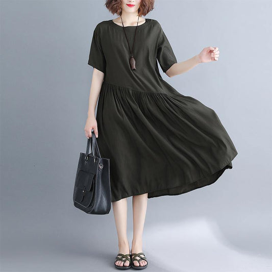 2019 blackish green pure cotton blended dresses oversize maxi dress Elegant short sleeve baggy dresses o neck patchwork cotton dress - SooLinen