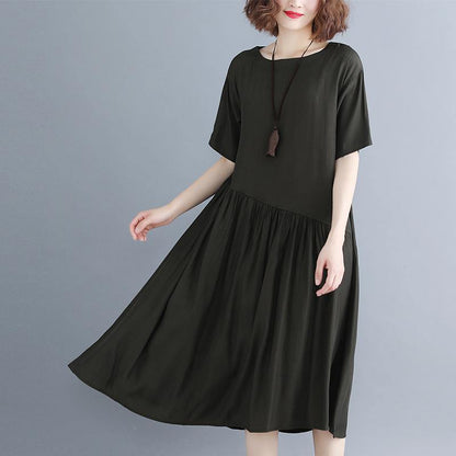 2019 blackish green pure cotton blended dresses oversize maxi dress Elegant short sleeve baggy dresses o neck patchwork cotton dress - SooLinen