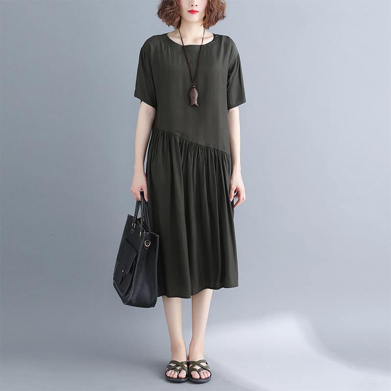 2019 blackish green pure cotton blended dresses oversize maxi dress Elegant short sleeve baggy dresses o neck patchwork cotton dress - SooLinen
