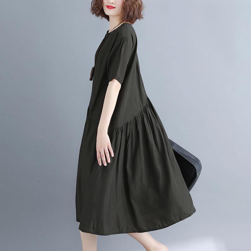 2019 blackish green pure cotton blended dresses oversize maxi dress Elegant short sleeve baggy dresses o neck patchwork cotton dress - SooLinen