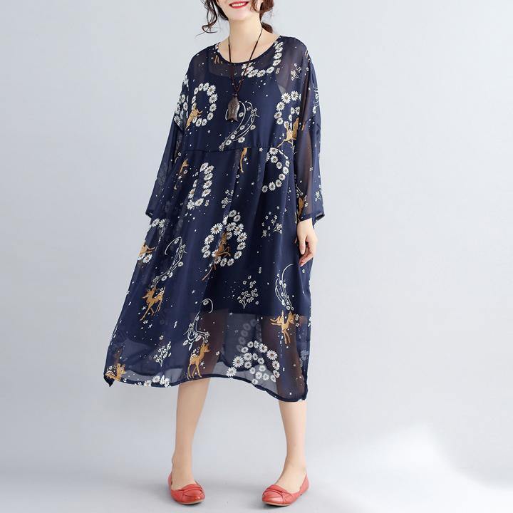 2019 blue prints pure chiffon dresses plus size vintage two pieces wild dress - SooLinen