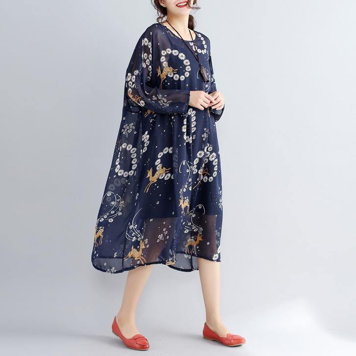 2019 blue prints pure chiffon dresses plus size vintage two pieces wild dress - SooLinen