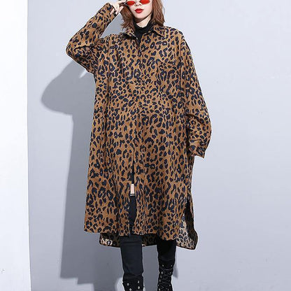 2019 chocolate Leopard coat plus size clothing dress side open casual Turn-down Collar Button coat - SooLinen