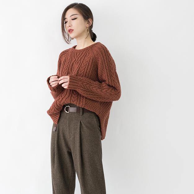 2019 chocolate chunky cozy sweater Loose fitting O neck side open knit sweat tops boutique cable knit blouse - SooLinen