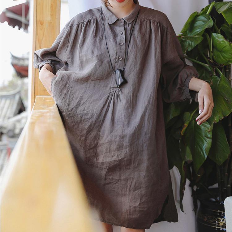 2019 chocolate linen shift dress plus size clothing linen clothing dresses 2018 Three Quarter sleeve baggy dresses Peter pan Collar dresses - SooLinen