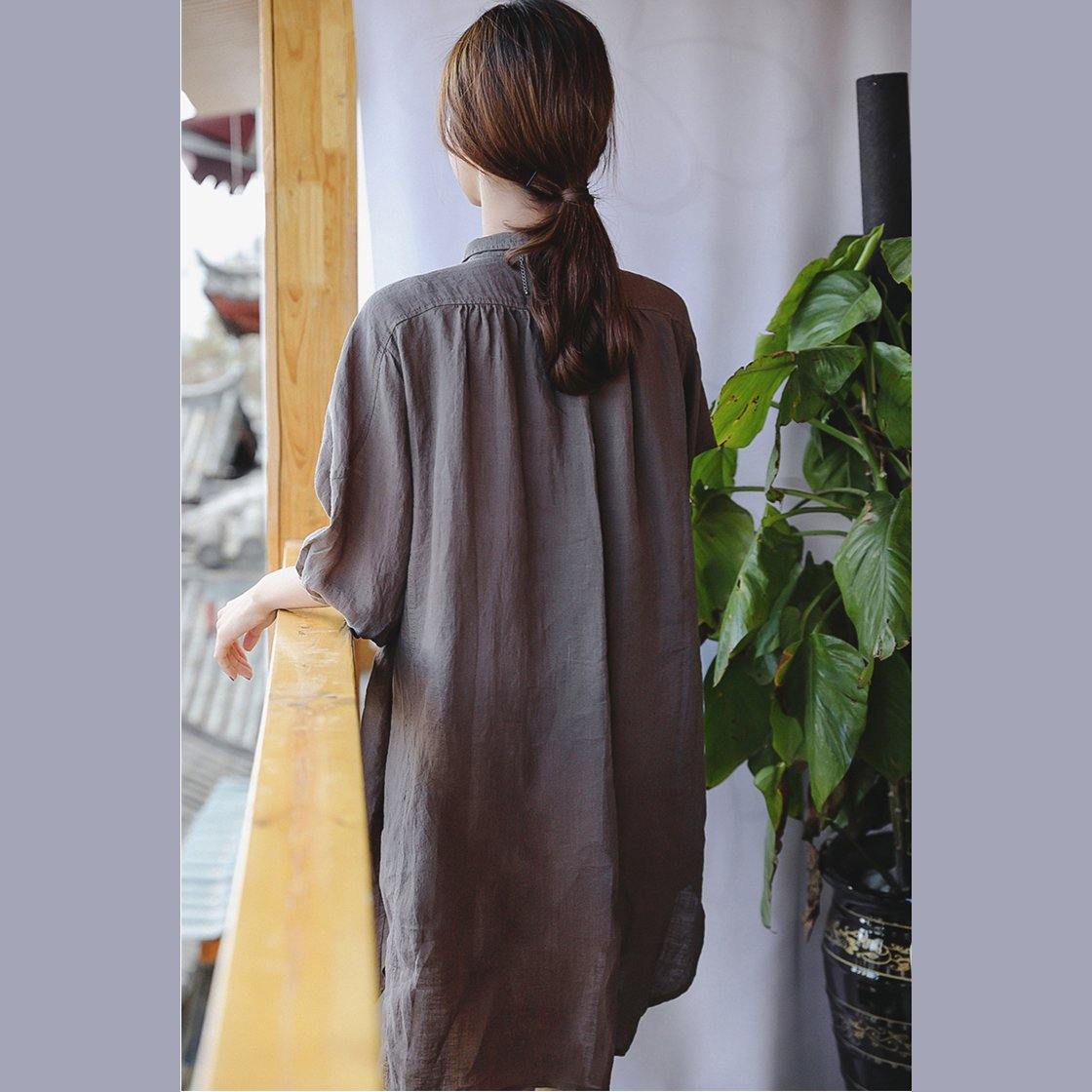 2019 chocolate linen shift dress plus size clothing linen clothing dresses 2018 Three Quarter sleeve baggy dresses Peter pan Collar dresses - SooLinen