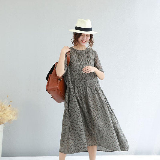 2019 floral long linen dresses plus size clothing hollow out cotton maxi dress vintage o neck traveling dress - SooLinen