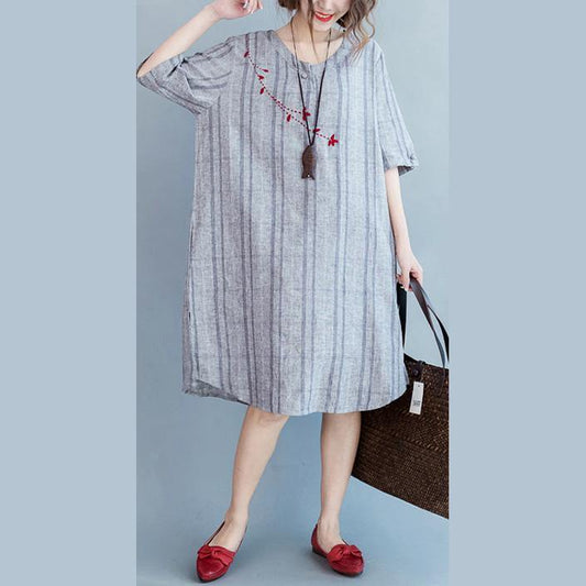 2018 light gray Plaid cotton linen dresses casual half sleeve pockets women o neck embroidery cotton linen clothing dresses - SooLinen