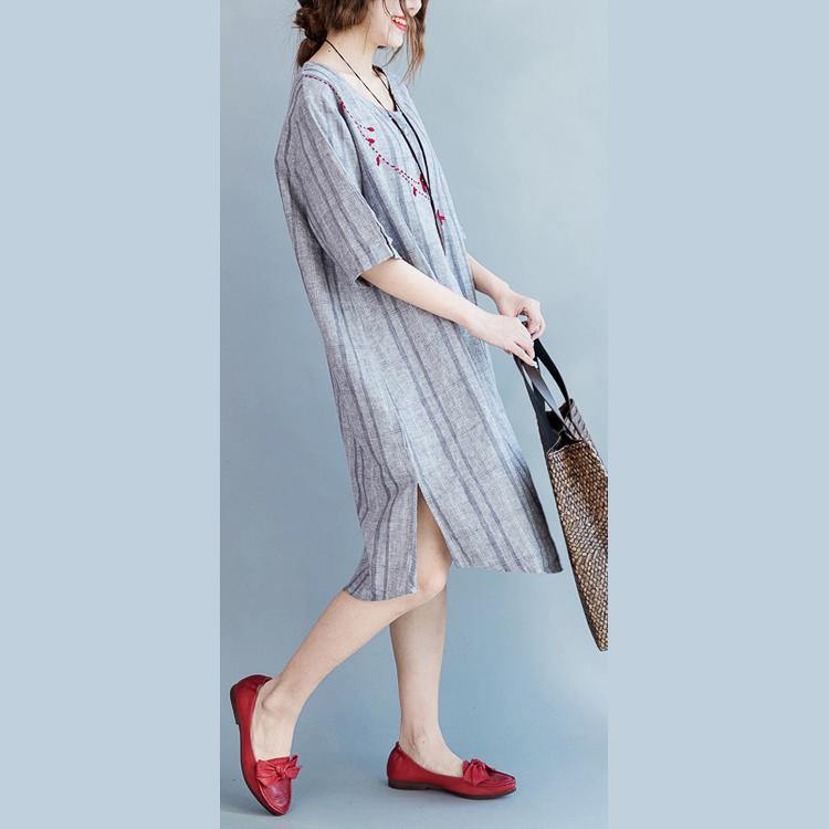 2018 light gray Plaid cotton linen dresses casual half sleeve pockets women o neck embroidery cotton linen clothing dresses - SooLinen