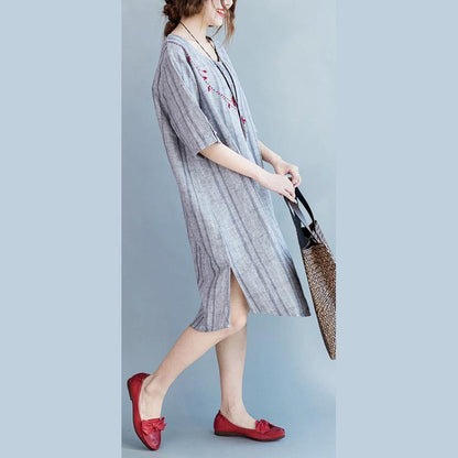 2018 light gray Plaid cotton linen dresses casual half sleeve pockets women o neck embroidery cotton linen clothing dresses - SooLinen