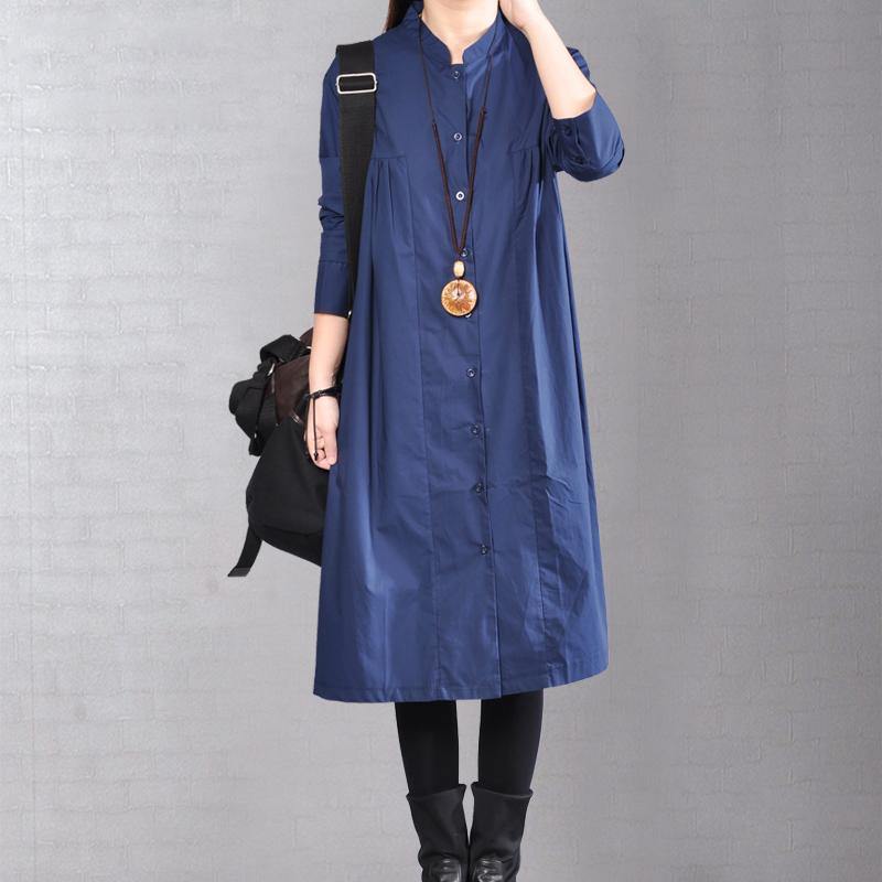 2018 navy pure linen dresses plus size clothing linen clothing dress casual Cinched solid color linen dresses - SooLinen