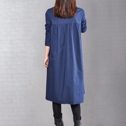 2018 navy pure linen dresses plus size clothing linen clothing dress casual Cinched solid color linen dresses - SooLinen