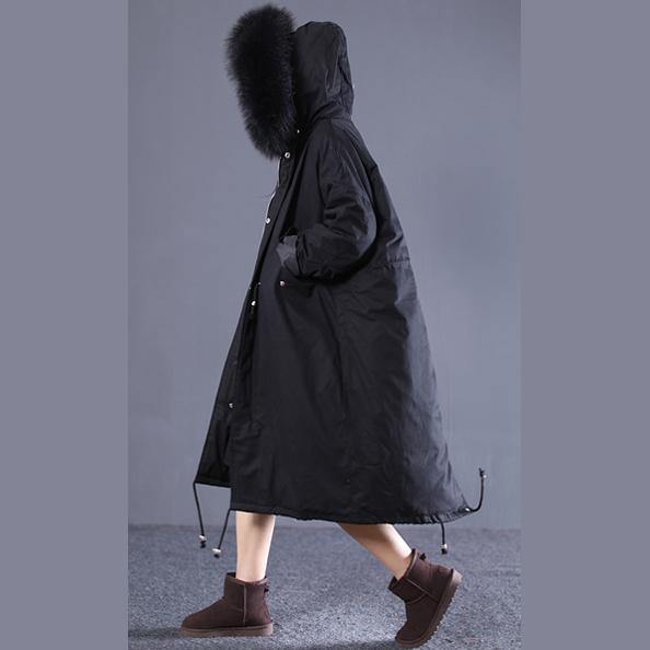 2018 new black Winter Fashion oversize hooded fur collar down jacket fine drawstring pockets down overcoat - SooLinen