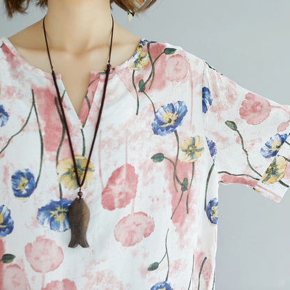 2025 pink Midi cotton dresses trendy plus size cotton dress Elegant short sleeve v neck floral cotton clothing dress