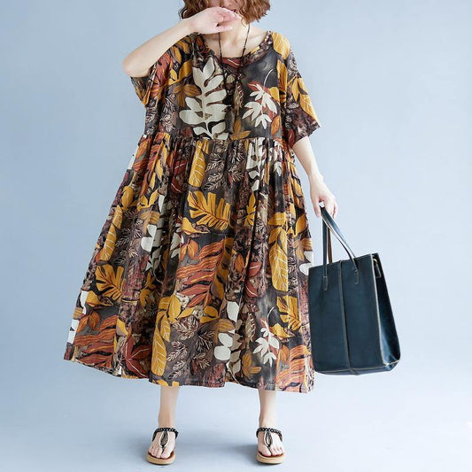 2018 print long cotton linen dresses oversized short sleeve gown vintage o neck baggy dresses linen clothing dress - SooLinen