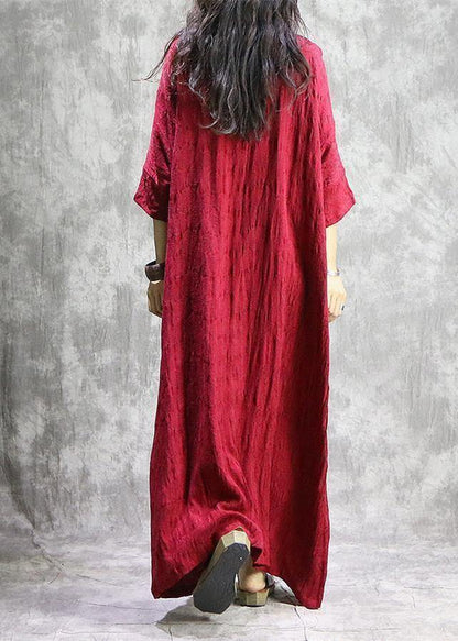 2018 red autumn linen dress Loose fitting v neck baggy Elegant pockets Jacquard dresses - SooLinen