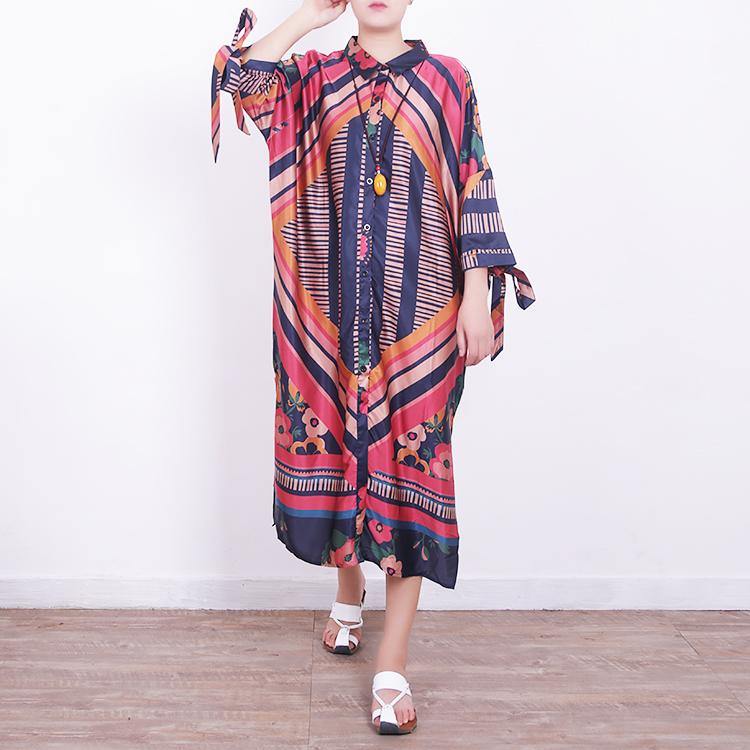 2018 red blue prints chiffon dress oversize chiffon clothing dress women side open tie bracelet sleeved chiffon dresses - SooLinen