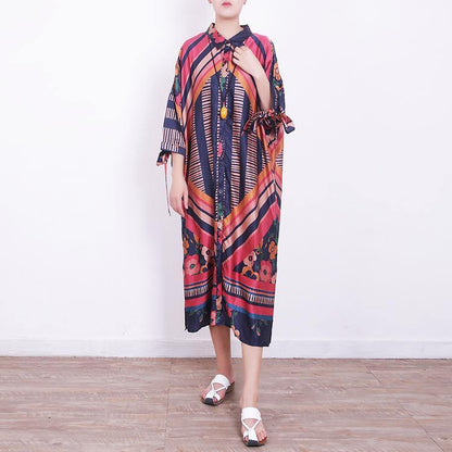 2018 red blue prints chiffon dress oversize chiffon clothing dress women side open tie bracelet sleeved chiffon dresses - SooLinen