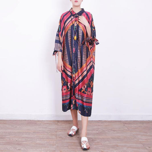 2018 red blue prints chiffon dress oversize chiffon clothing dress women side open tie bracelet sleeved chiffon dresses - SooLinen