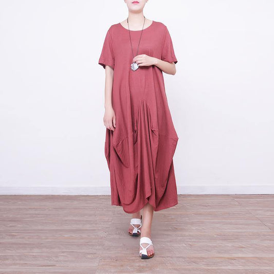 2018 red linen dress oversize short sleeve traveling dress vintage asymmetric maxi dresses - SooLinen