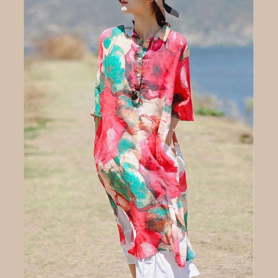2018 red print linen dresses plus size clothing Turn-down Collar linen clothing dress boutique Three Quarter sleeve side open dresses - SooLinen