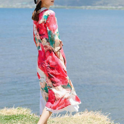 2018 red print linen dresses plus size clothing Turn-down Collar linen clothing dress boutique Three Quarter sleeve side open dresses - SooLinen