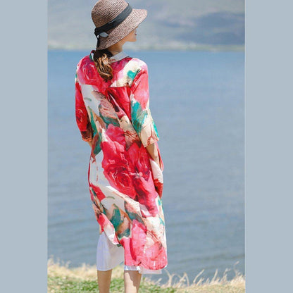 2018 red print linen dresses plus size clothing Turn-down Collar linen clothing dress boutique Three Quarter sleeve side open dresses - SooLinen