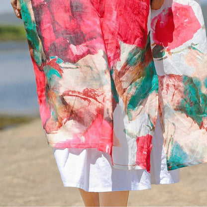 2018 red print linen dresses plus size clothing Turn-down Collar linen clothing dress boutique Three Quarter sleeve side open dresses - SooLinen