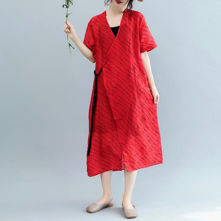 2018 red striped long cotton linen dress oversized v neck tie waist cotton linen clothing dresses boutique short sleeve kaftan - SooLinen