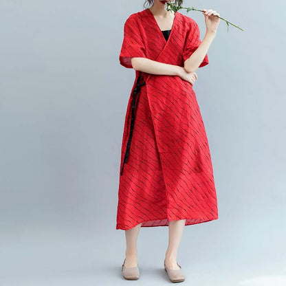 2018 red striped long cotton linen dress oversized v neck tie waist cotton linen clothing dresses boutique short sleeve kaftan - SooLinen