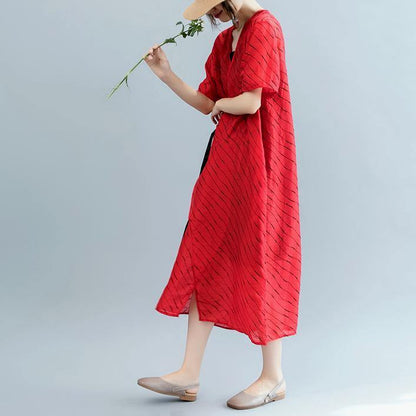 2018 red striped long cotton linen dress oversized v neck tie waist cotton linen clothing dresses boutique short sleeve kaftan - SooLinen