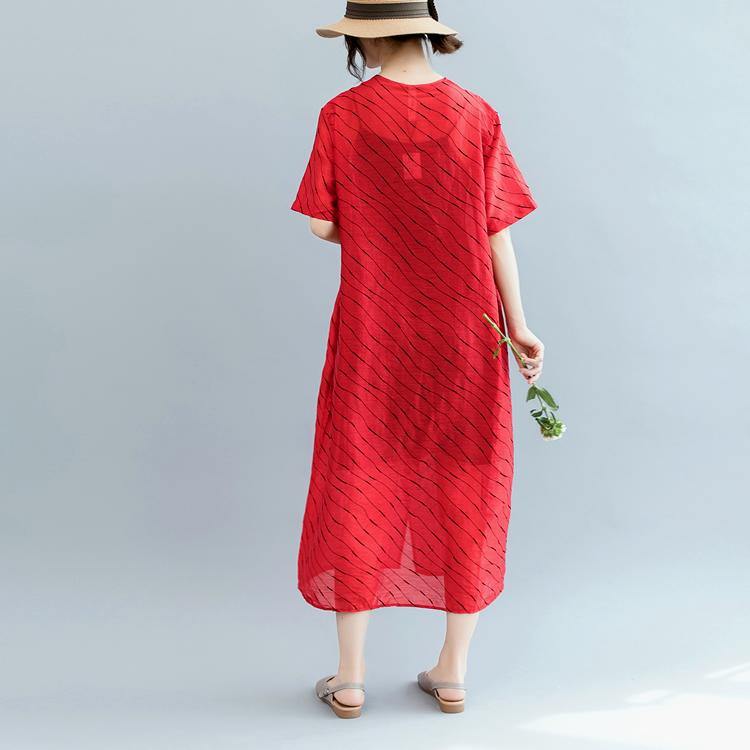 2018 red striped long cotton linen dress oversized v neck tie waist cotton linen clothing dresses boutique short sleeve kaftan - SooLinen